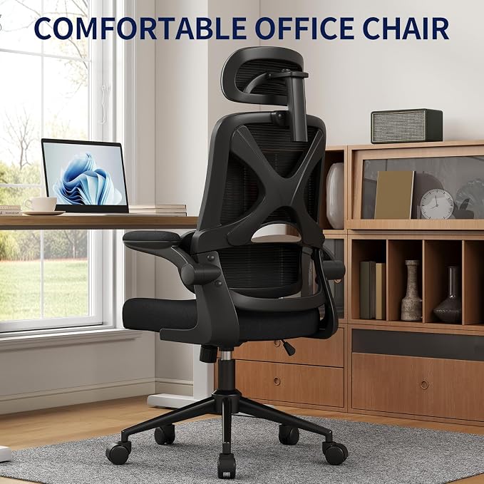 Ergonomic Office Chair - Desk Chair with Adjustable Headrest Lumbar Support Computer Chair - Mesh Comfy Chair with Flip-up Armrests - Gaming Chairs for Adults Home Office (Black+Black) - Image 4
