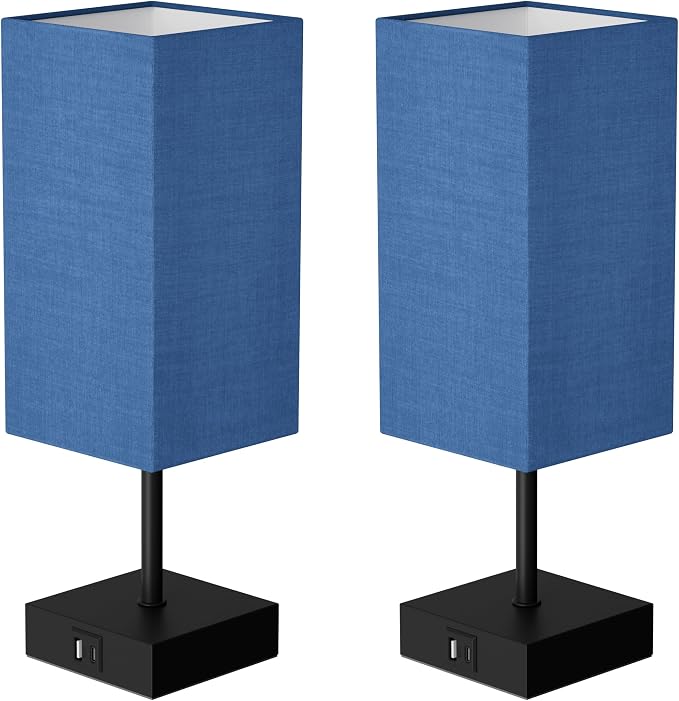 Touch Bedside Table Lamp for Bedroom, 14-Inch, Navy Blue Set of 2 | USB A+C Ports, Touch 3-Way Dimmable LED Bulb Included Fabric Lampshade Metal Base Small Nightstand Lamp for Desk Living Room - Image 8