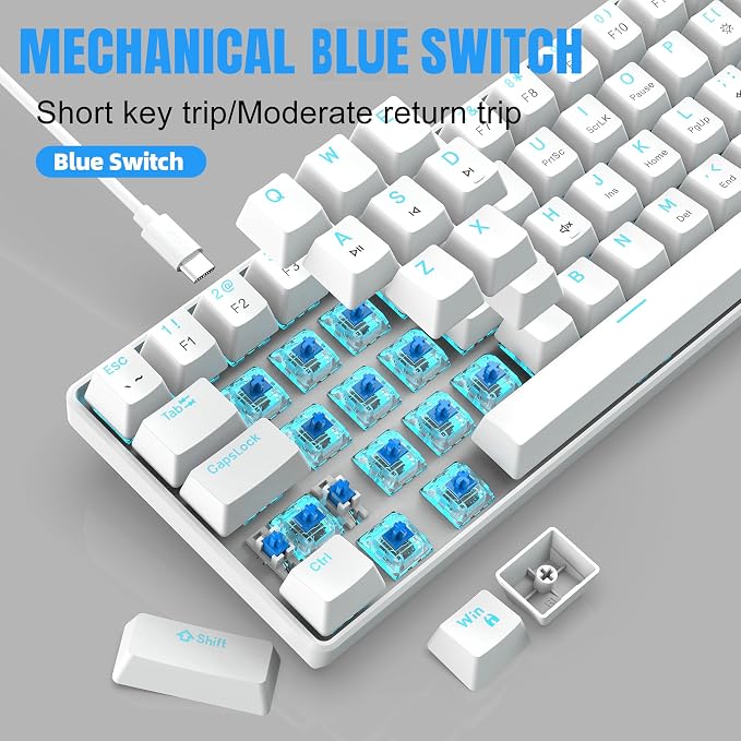 Snpurdiri 60% Mechanical Gaming Keyboard (White, Blue Switches) | Ice Blue LED Backlit 61 Keys Mini Wired Office Keyboard for Windows Laptop PC Mac - Image 3
