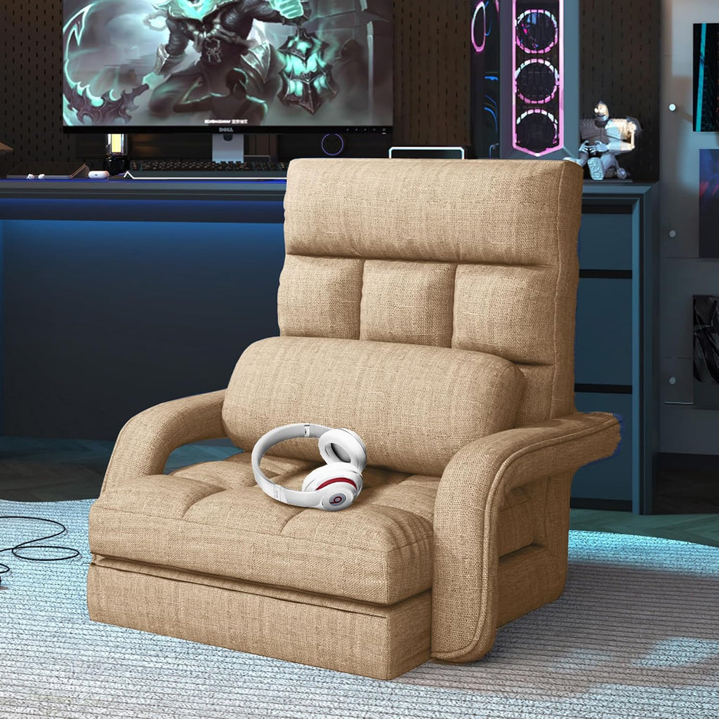 Floor Gaming Chair for Adults, 6-Position Adjustable Chaise Lounge Chair with Meditation Arm, Foldable Lazy Sofa with Pillow, Comfy Chair Indoor for Bedroom Dorm Living Room, Beige - Image 3