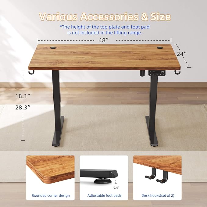 YIHAYO Low Height Adjustable Desk, Lifts 18.1-28.3 Inches, Electric Standing Desk for Short People, 48 x 24 Inches Computer Table with Splice Board for Home Office, Rustic Brown - Image 3