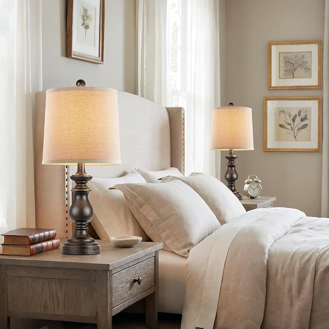 Traditional Table Lamp Set of 2, Rustic Farmhouse Table Lamps for Living Room Bedroom, 22" Bedside Desk Lamps Vintage Nightstand Lamps with Linen Shades, Oil Rubbed Bronze - Image 8