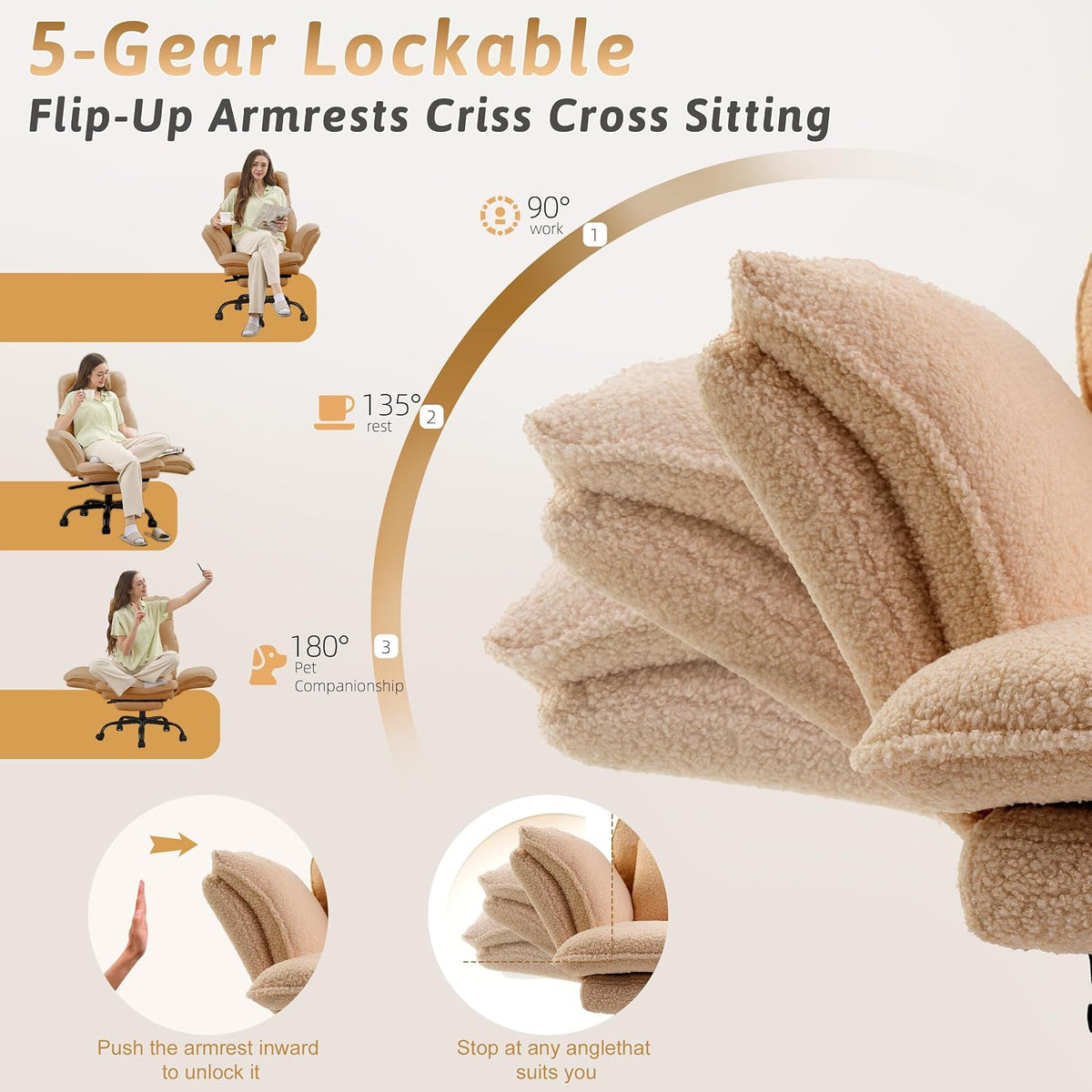 Wider Seat Office Chair with Flip Armrests for Criss Cross Legged&Cats, Big and Tall Executive Ergonomic Reclining Chair with Footrest&Lumbar Pillow, Teddy Fleece Desk Chair,Pink Vanity Chair - Image 3