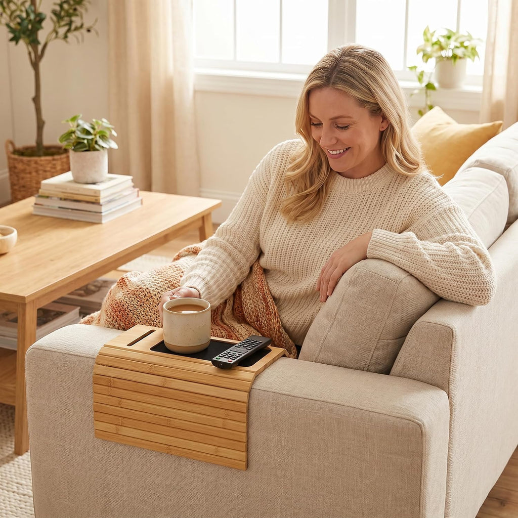 Foldable Sofa Couch Armrest Tray Wooden Anti-Slip with Phone Holder - Image 2