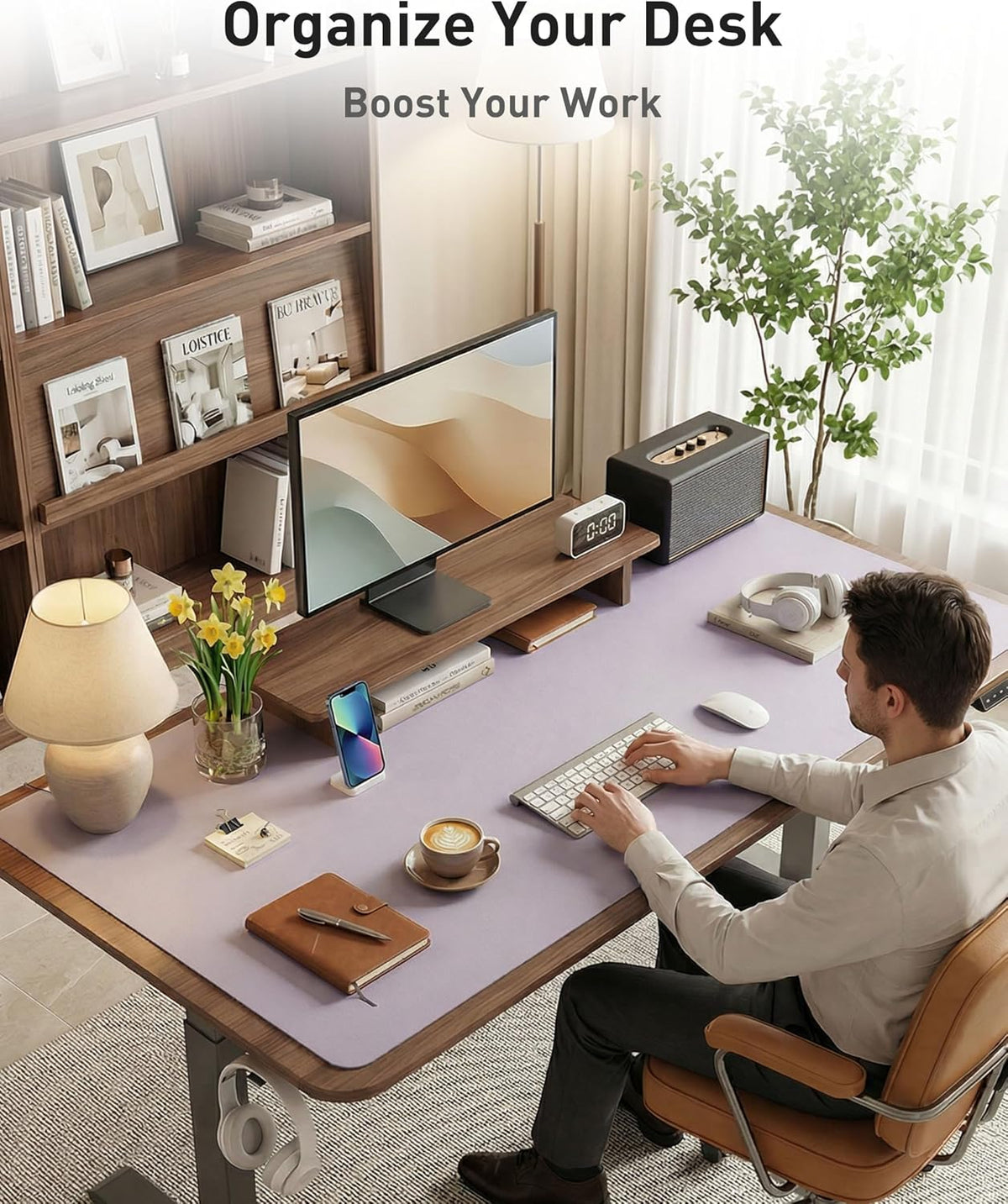 Aothia Faux Leather Desk Mat - Large Mouse Pad, Non-Slip PU Leather Blotter, Waterproof Writing Surface for Office and Home (Smoky Lavender, 63" x 17") - Image 8