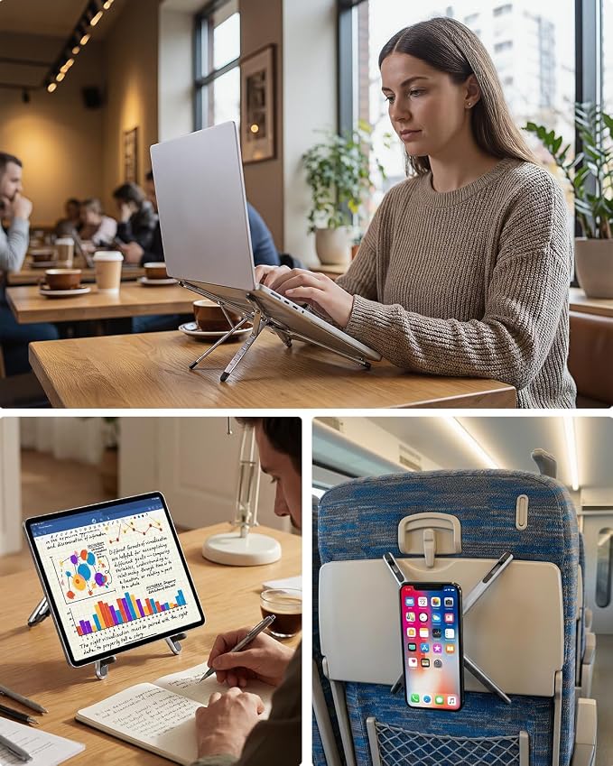 Viozon Portable Laptop Stand for Desk, Foldable Adjustable Computer Riser with Magnetic Phone Holder, Aluminum Laptop Stand for 10–16” Laptops & 4–13” Phones/Tablets (Silver) - Image 2