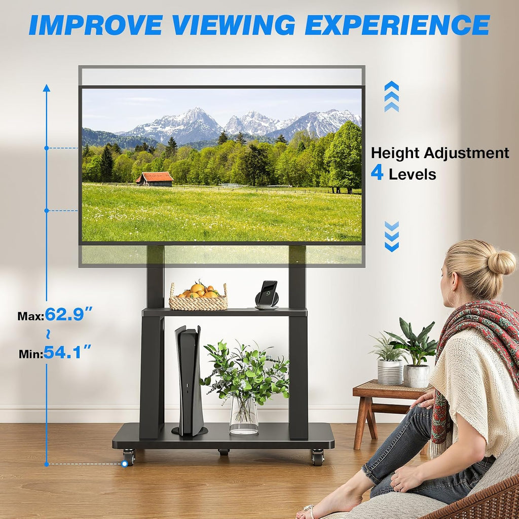Rfiver Mobile TV Cart Rolling TV Stand for 40-86 inch TVs Up to 200lbs, Heavy-Duty Portable TV Stand on Wheels with 2-Tier Wooden Storage Shelves, Height Adjustable, Max VESA 800x400mm, Black - Image 4