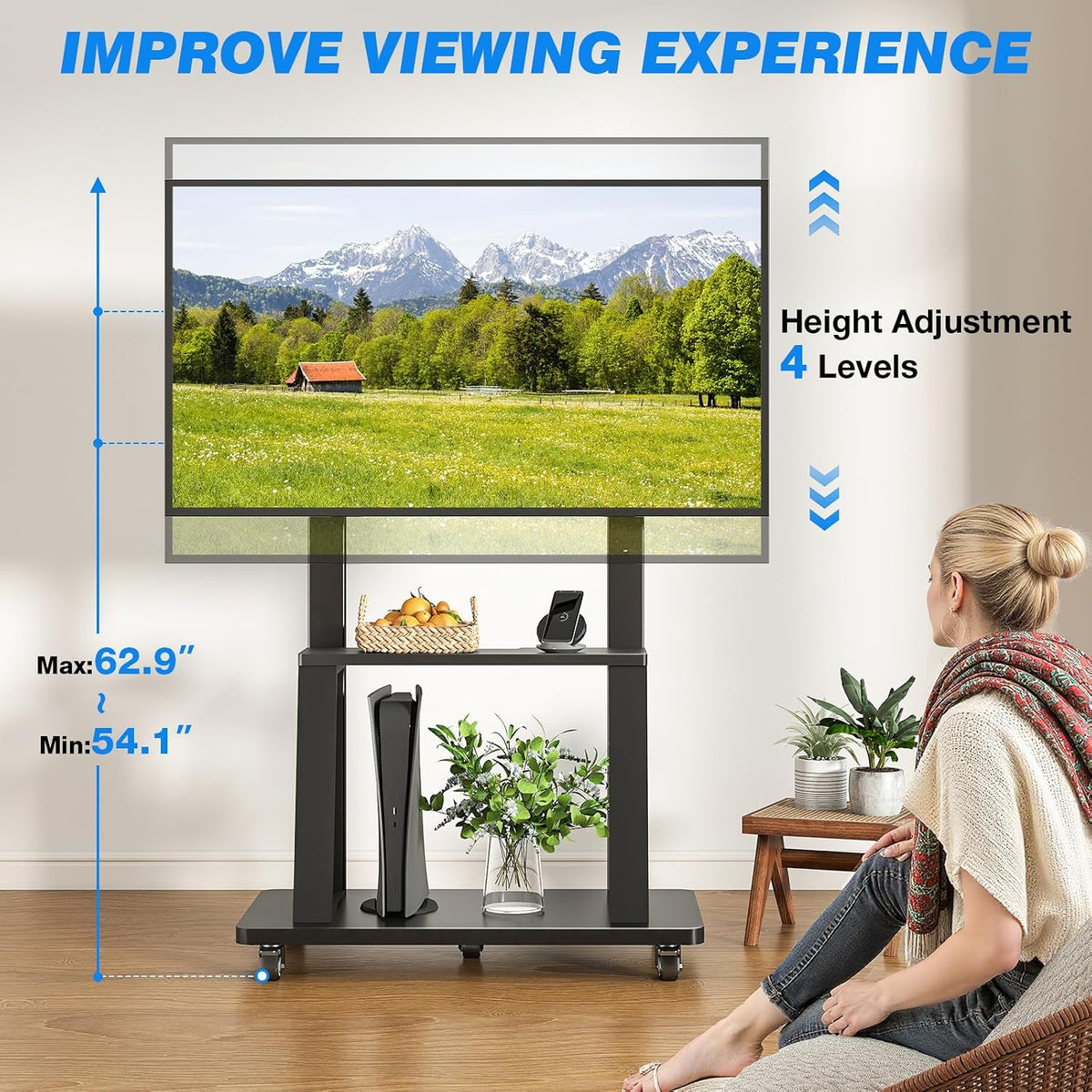 Rfiver Mobile TV Cart Rolling TV Stand for 40-86 inch TVs Up to 200lbs, Heavy-Duty Portable TV Stand on Wheels with 2-Tier Wooden Storage Shelves, Height Adjustable, Max VESA 800x400mm, Black - Image 4
