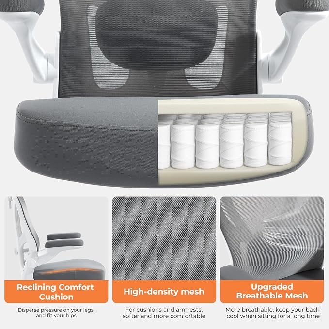 Ergonomic Office Chair, Mesh Office Desk Chair, Grey, 1 Pack | Lumbar Support, Head Support, Rocking Function, Flip-up Armrests, Mesh High Back, Suitable for Home, Office - Image 8