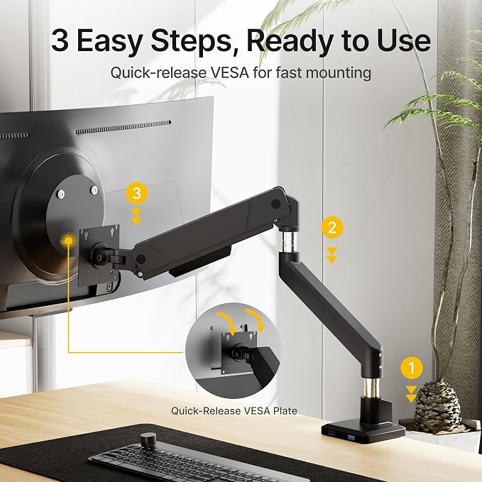 monTEK Single Monitor Arm for Max 45 Inch Ultrawide Screens, Holds 35 Lbs | Adjustable Monitor Desk Mount with C Clamp/Grommet Desk Mount, Cable Management, VESA 75/100mm, Black - Image 3