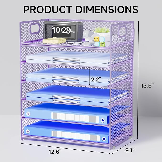 Purple Paper Organizer for Desk with Handle, 6-Tier | Metal Mesh File Organizer, Stackable Desktop Organizer for Office Supplies & Stationery Storage - Image 2