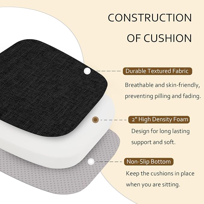 ELFJOY Non-Slip Chair Cushions for Dining Chairs Black 16.7"x16" | 4 Pack, with Ties and Washable Cover, U Shape, Breathable Fabric, for Kitchen Dining Office Folding Chairs，Comfortable - Image 7