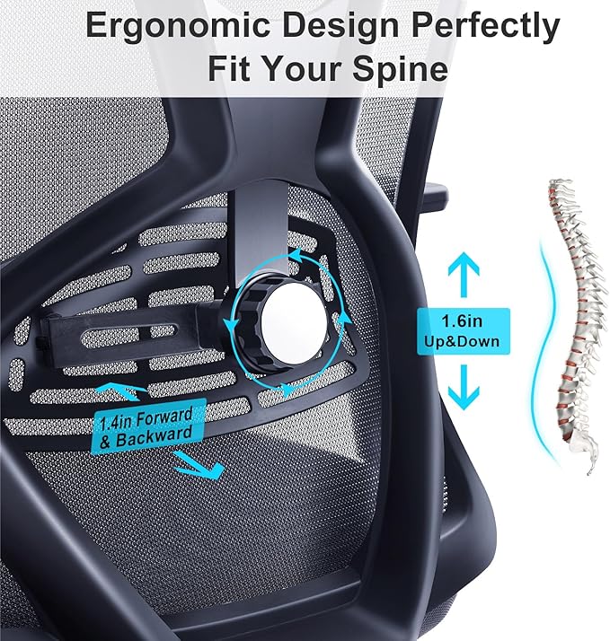Ticova Ergonomic Office Chair - High Back Desk Chair with Adjustable Lumbar Support & 3D Armrest - 130°Reclining & Rocking Mesh ComputerChair with Thick Seat Cushion & Rotatable Headrest - Image 3