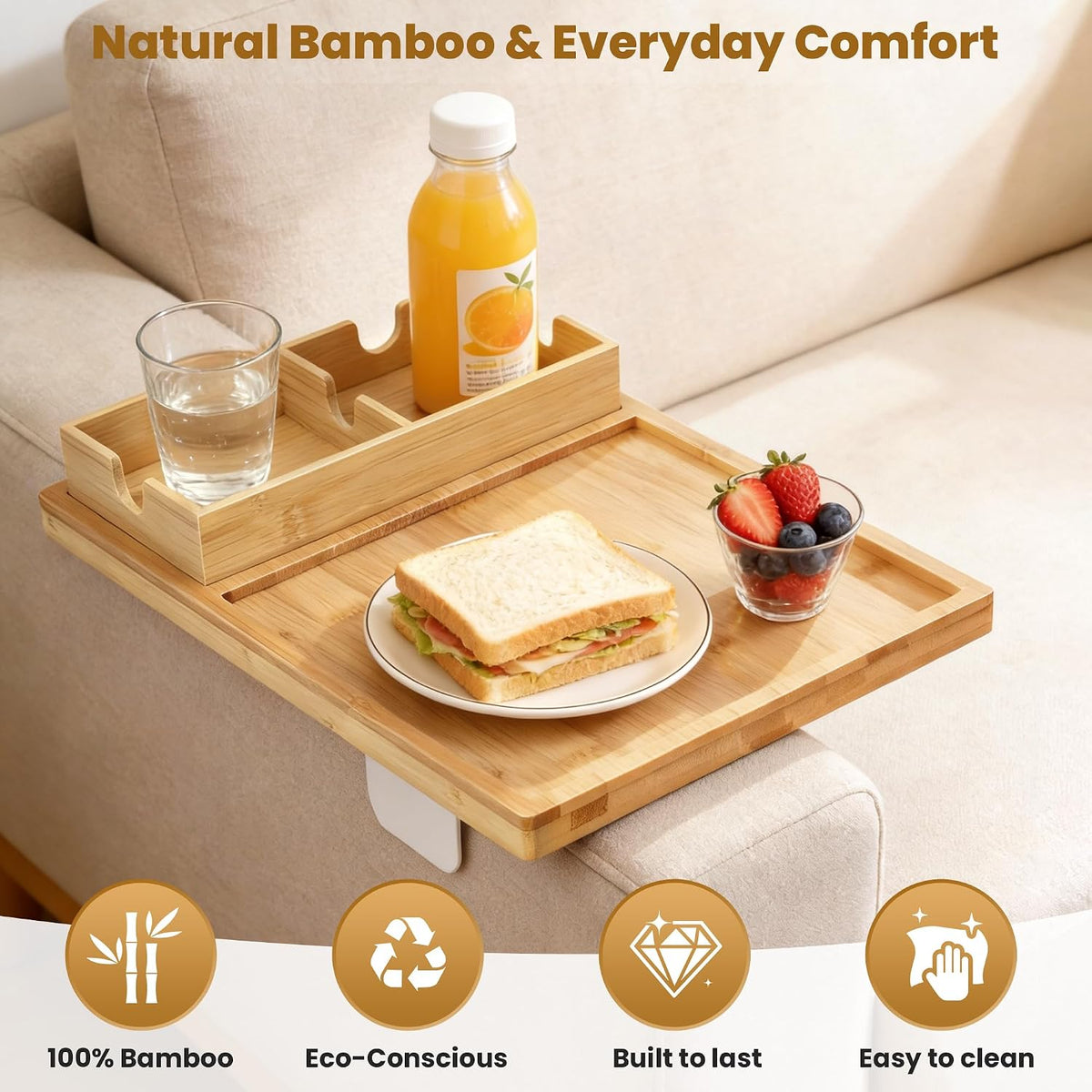 Bamboo Couch Cup Holder Tray with Adjustable Metal Legs - Image 6