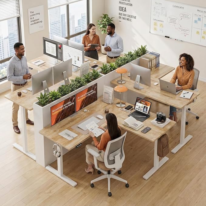 Grandder 63 x 55 Inch L Shaped Standing Desk, Electric Height Adjustable Corner Stand Up Desk, Sit Stand Corner Table Home Office Table, Oak Top White Frame - Image 9