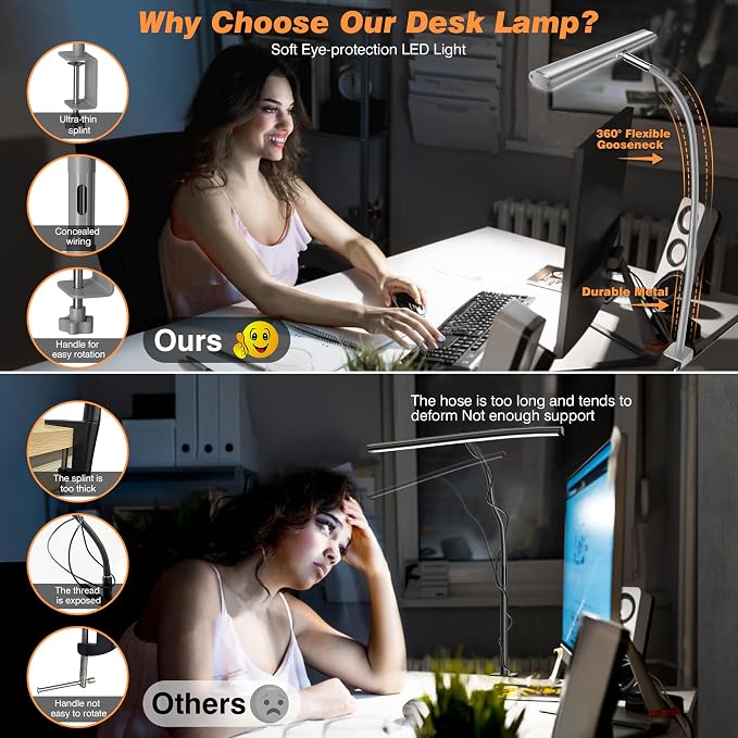 Airlonv LED Desk Lamp with Clamp, 17" Stepless Dimming Light, Grey | 2700K-6500K, 100 LEDs, 360° Gooseneck, Fits Up to 30" Monitors, Flicker-Free Lighting for Home Office, Study& Workbench - Image 4