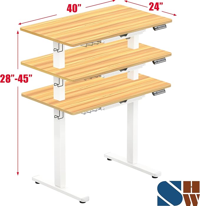 SHW 40-Inch Electric Height Adjustable Standing Desk w/Drawer, Oak | w/ Memory Presets and Cable Management | Drawer with adjustable compartments | Hanging Hooks - Image 2