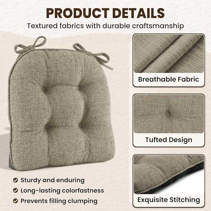 downluxe Indoor Chair Cushions for Dining Chairs, Tufted Overstuffed Textured Memory Foam Kitchen Chair Pads with Ties and Non-Slip Backing, 15.5" x 15.5" x 4", Khaki, 4 Pack - Image 5