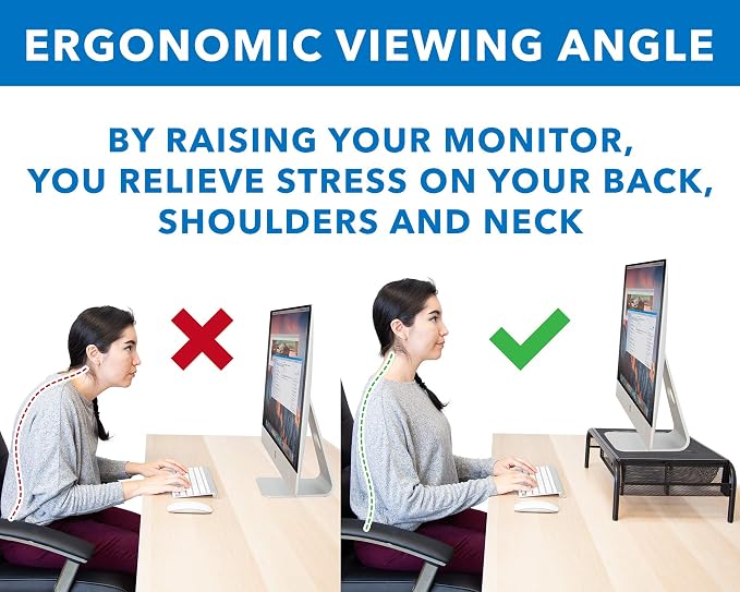 Mount-It! Metal Mesh Monitor Stand with Drawer, Ergonomic Desk Organizer and Riser for Monitors and Laptops, Desktop Stand with Extra Storage and Side Pocket, Black - Image 4