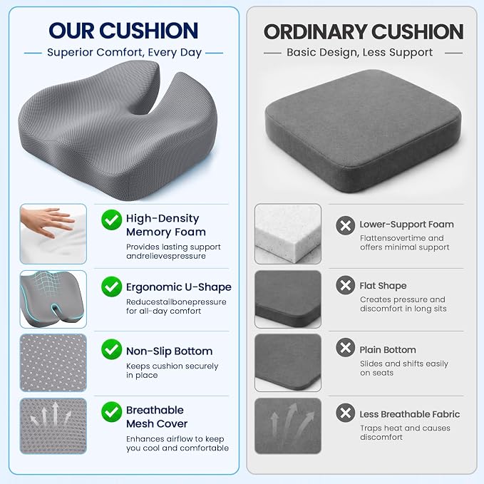 CJACSOC Seat Cushion, Extra Large Memory Foam Cushion for Office Chair Cushions, Ergonomic Cushions Pad Pillow for Pressure Relief Sciatica & Pain Relief for Long Sitting, Grey - Image 7