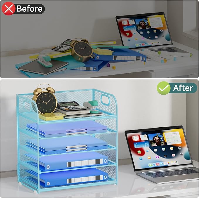 Paper Organizer Letter Tray with Handle Mesh 5-Tier | Stackable Desk Organizer for Files/Paper/Office Supplies, Sturdy Carbon Steel Desk Organizer for Home Office & Classroom - Image 5