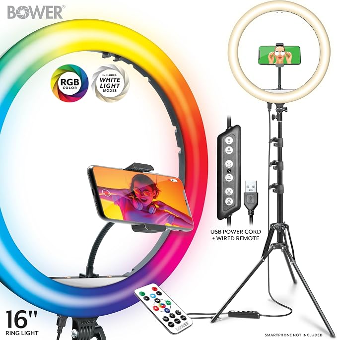 Bower Ring Light with Stand. 16 inch RGB LED Light, 62" Tripod Phone Holder, Wireless Remote, 16 Special Effects/9 Colors/3 White Lights for Selfie, Live Stream, Makeup, YouTube, TikTok, Videos - Image 4