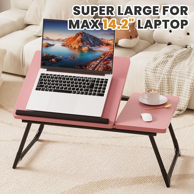 Laptop Bed Desk, 5-Angle Adjustable Bed Laptop Table with Cup Holder | Foldable Laptop Stand for Couch & Sofa, Portable Laptop Tray for Adults Writing Reading Eating, Pink - Image 7