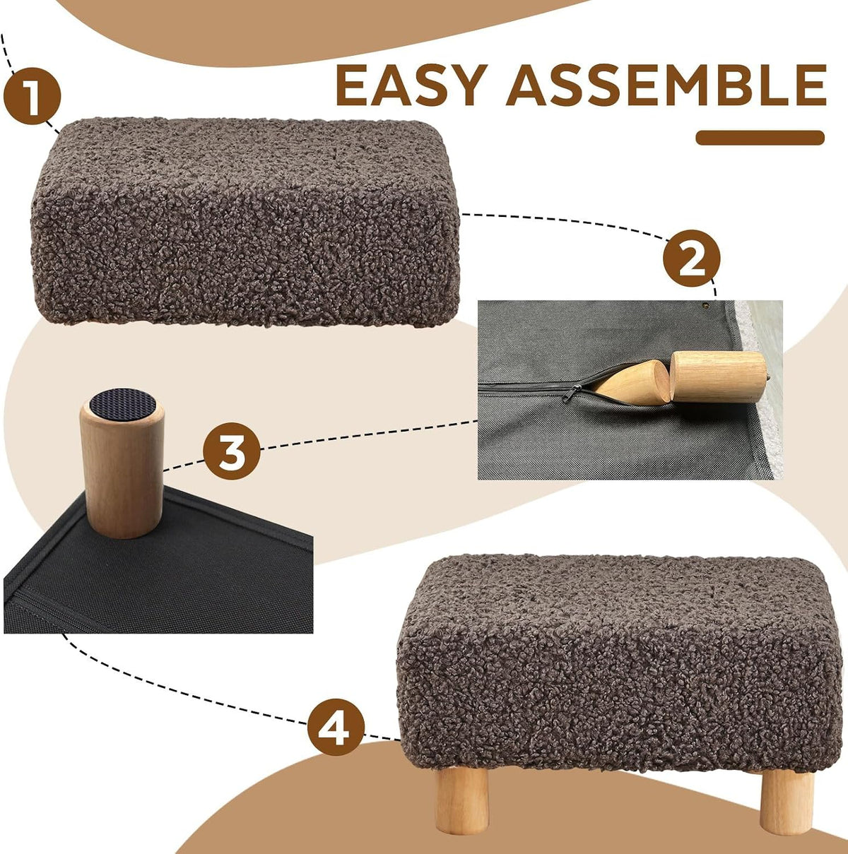 Small Foot Stool Ottoman, Sherpa Footstool Ottoman Foot Rest for Couch, Rectangle Footstools and Ottomans Small for Living Room, Entryway and Bedroom (Brown) - Image 5