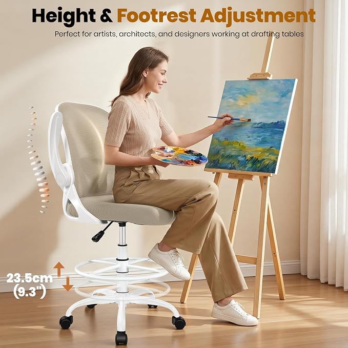Drafting Chair Tall Office Chair with Flip-up Armrests Executive Ergonomic Computer Standing Desk Chair with Lumbar Support and Adjustable Footrest Ring（Khaki） - Image 6