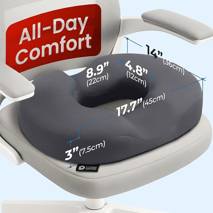 5 STARS UNITED Donut Pillow for Tailbone Pain & Hemorrhoids – Large Memory Foam Seat Cushion for Bed Sore-Prone Areas & Pressure Relief – Prostate, Postpartum & Pregnancy Support, Gray Mesh Cover - Image 2