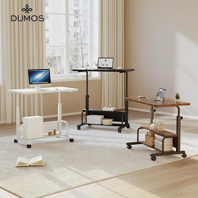 DUMOS Rolling Desk, Storage Shelves, Laptop Table, Home Office | Height Adjustable Design, Computer Desks on Wheels, Portable for Small Spaces Use, White - Image 8