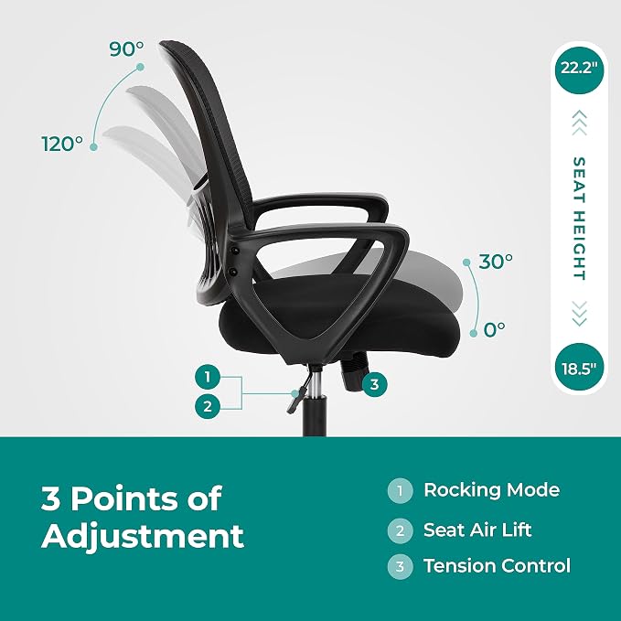 OLIXIS Home Office Chair, Mesh Desk Chair, Ergonomic Lumbar Support | Mid Back Computer Ergonomic, Height Adjustable Swivel Task, Large Seat Armrest, Adults, Black - Image 4