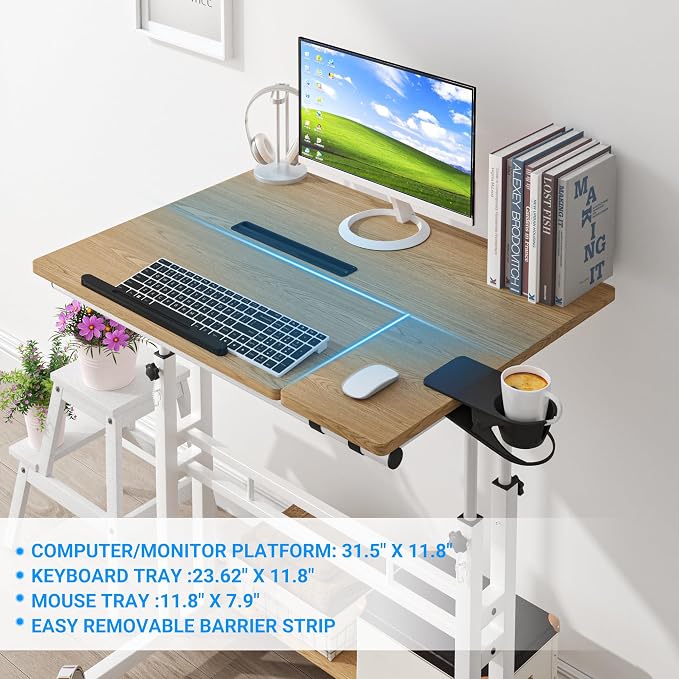 Mobile Standing Desk, Adjustable Rolling Computer Desk with 3 Desktops, Portable Laptop Table with Cup Holder, Home Office Laptop Workstation on Lockable Wheels,Khaki | Triple desktops, cup holder, lockable wheels, portable workstation, for home office - Image 5