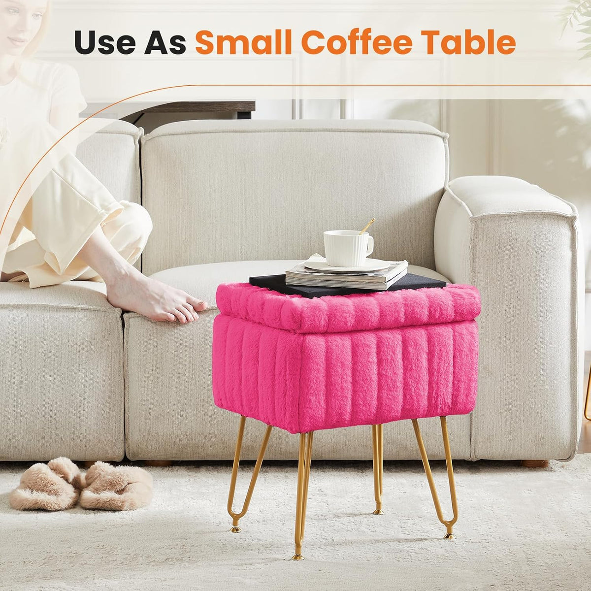DUMOS Vanity Stool Chair, Ottoman with Storage, Makeup Cute Soft Small Footstool, Modern Style Faux Fur Seat with 4 Metal Legs & Adjustable Feet for Dressing, Living Room, Bedroom, Dorm, Red - Image 5