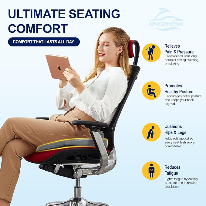 kingphenix Memory Foam Car Seat Cushion for Driving Comfort and Office Use | Coccyx & Lower Back Pressure Relief, Non-Slip 4D Mesh Seat Cushion for Cars, Trucks, SUVs, Long Drives & Office Chairs, Gray - Image 4