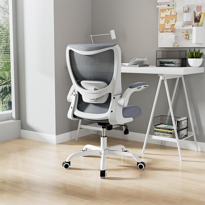 Office Chair, Ergonomic Desk Chair with Adjustable Lumbar Support and Flip up Armrest, Breathable Mesh Computer Chair for Home Office, Gray - Image 8