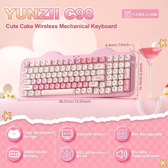 YUNZII C98 Cute Cake Wireless Mechanical Keyboard(Pink, Candy Switch) | 99 Keys with Number Pad, Hot Swap, PBT MOA Keycaps, BT5.0/2.4G/USB-C, Gasket Mount, Custom RGB Backlit for Win/Mac - Image 2