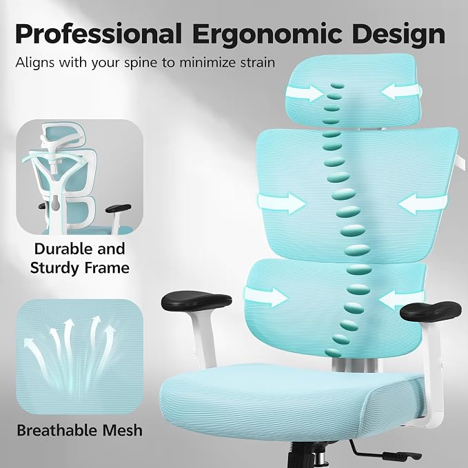 Ergonomic Office Chair High Back Desk Chair with Lumbar Support, Breathable Mesh Computer Chair with Adjustable Armrests Height, Reclining Swivel Big and Tall Gaming Chair for Home Office(Light Blue) - Image 6