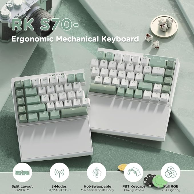 RK ROYAL KLUDGE S70 Ergonomic Split Keyboard, Linear Switch White | Wireless RGB Mechanical Keyboard with Bluetooth/2.4G/USB, 75% Hot Swappable Gaming Keyboards w/Fixed Wrist Rest, PBT Keycaps - Image 2