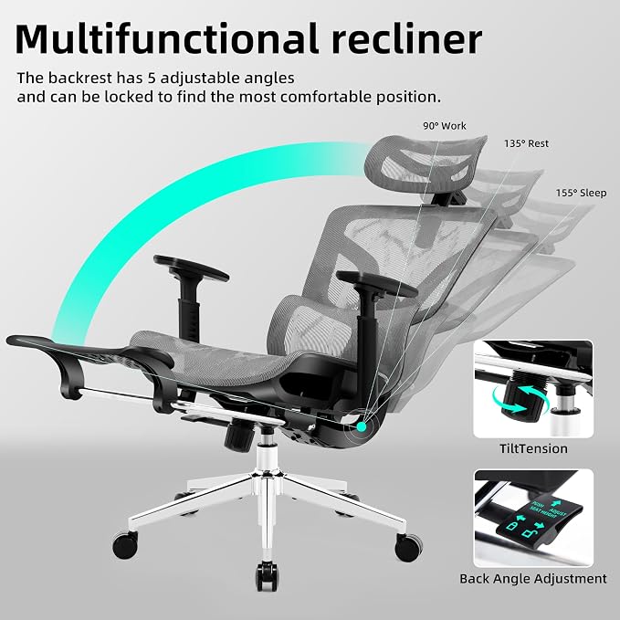 Ergonomic Office Chair with Footrest 4-Level Adjustable Lumbar Suppor | Big and Tall Office Chair t - 155° Tilt Lock and Wide Cushion - 3D Headrest & Armrests, High Back Home Desk Chair - Image 7