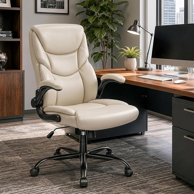 Sweetcrispy Home Office Desk Chairs, High Back PU Leather Chair | Heavy Duty, High Back, Flip-up Armrest, PU Leather, Height Adjustable, Rolling Wheels, Beige - Image 2
