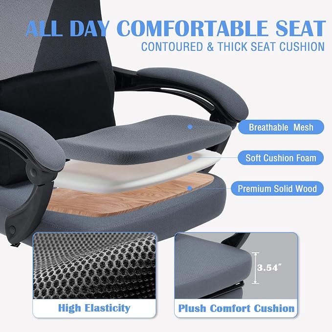 Ergonomic Office Desk Chair with Foot Rest - Adjustable Lumbar Support & Headrest, 90-160° Reclining Mesh Back Computer Chair - Home Office/Gaming for Adults, 400lbs Capacity (Gray) - Image 7