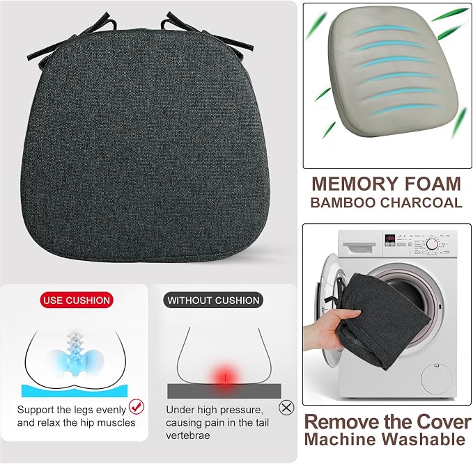 SINOSSO 4 Pack Memory Foam Chair Cushions for Dining Chairs, Friendly Woven Fabric 16" U-Shape Comfortable Kitchen Chair Pads, Removable Slip Resistant Seat Cushions (Set of 4, Black) - Image 6