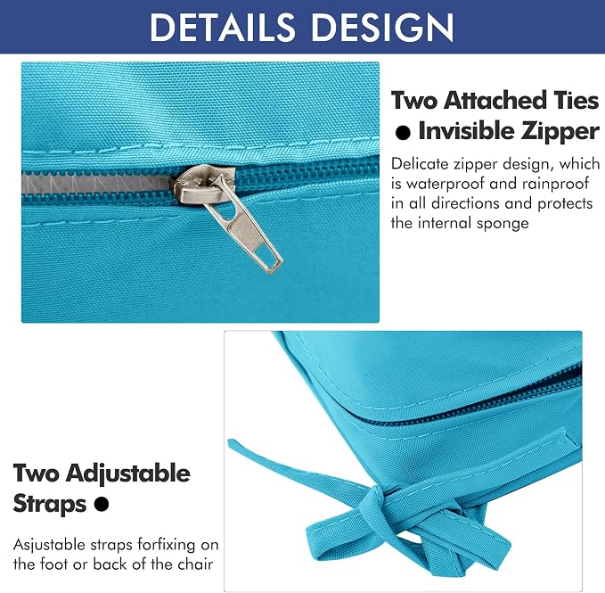 Outdoor Chair Cushions Set of 2, 19 x 19 x 3 Inch Seat Pads | Waterproof Patio Chair Cushions with Tie, Fade Resistant Cushions for Outdoor Furniture Garden Lawn, Teal - Image 8