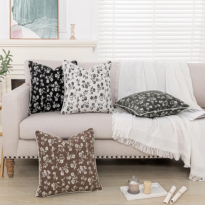 18x18 Chenille Jacquard Throw Pillow Cover, Off-White Vintage Floral Cushion Case with Piped Edges, Decorative Accent for Sofa, Couch & Bed, 2 Pack - Image 9
