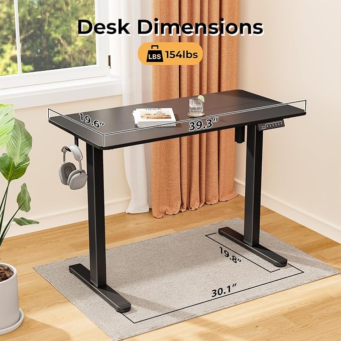 40" Electric Standing Desk, Black Standing Desk with 2 Hooks | Height Adjustable Sit Stand Desk with 2 Hooks, Stand up Desk with Splice Board & Sturdy Frame for Home Office - Image 2