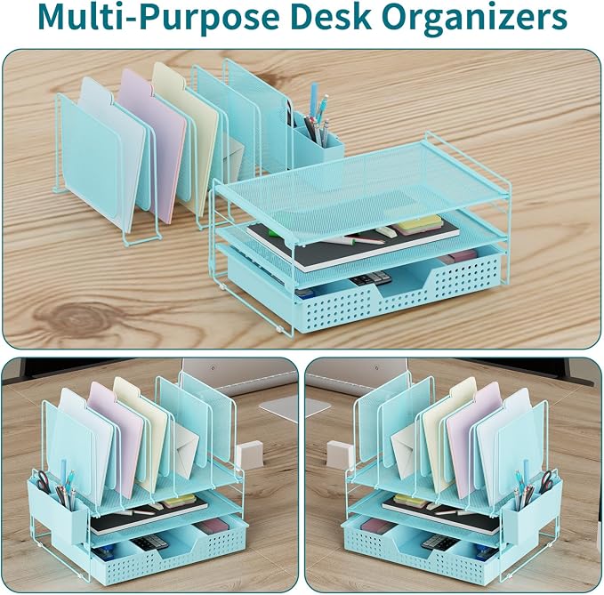 LEKETREE Teal Desk Organizer, Office Organization with Vertical File Holder, File Organizer with Drawer and Pen Holder, Desk Accessories and Workspace Organizers for Home Office (Sky Blue) - Image 6