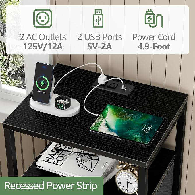 BOLUO Black Nightstand with Charging Station, LED Night Stand with 2 Fabric Drawers, Bedside Table with USB Ports and Outlets, Nightstand for Bedroom Modern - Image 6