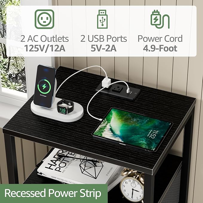 BOLUO Black Night Stand with 3 Fabric Drawers, Nightstand with Charging Station LED Nightstand for Bedroom, Bedside Table with USB Ports and Outlets Modern - Image 5