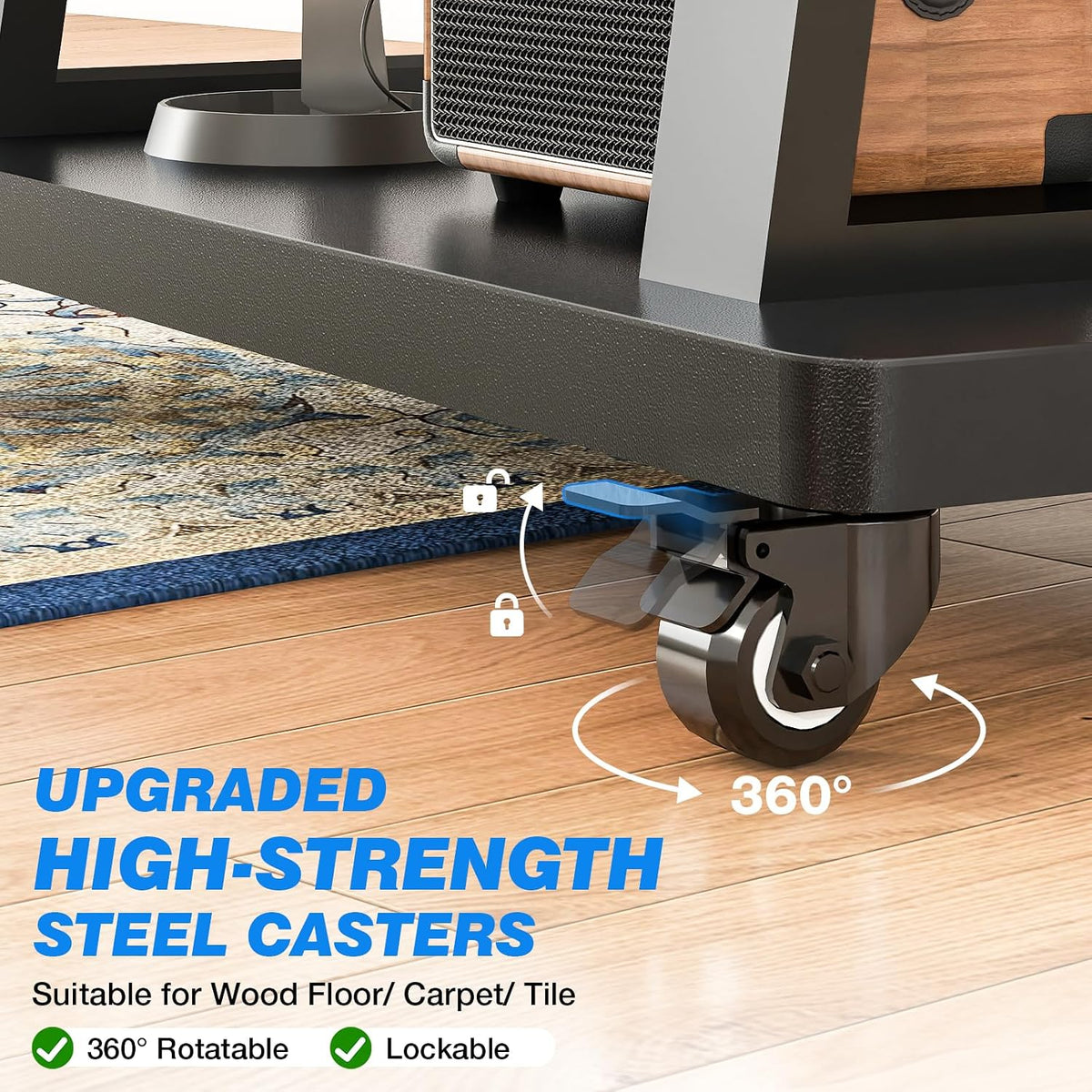 Rfiver Mobile TV Cart Rolling TV Stand for 40-86 inch TVs Up to 200lbs, Heavy-Duty Portable TV Stand on Wheels with 2-Tier Wooden Storage Shelves, Height Adjustable, Max VESA 800x400mm, Black - Image 6